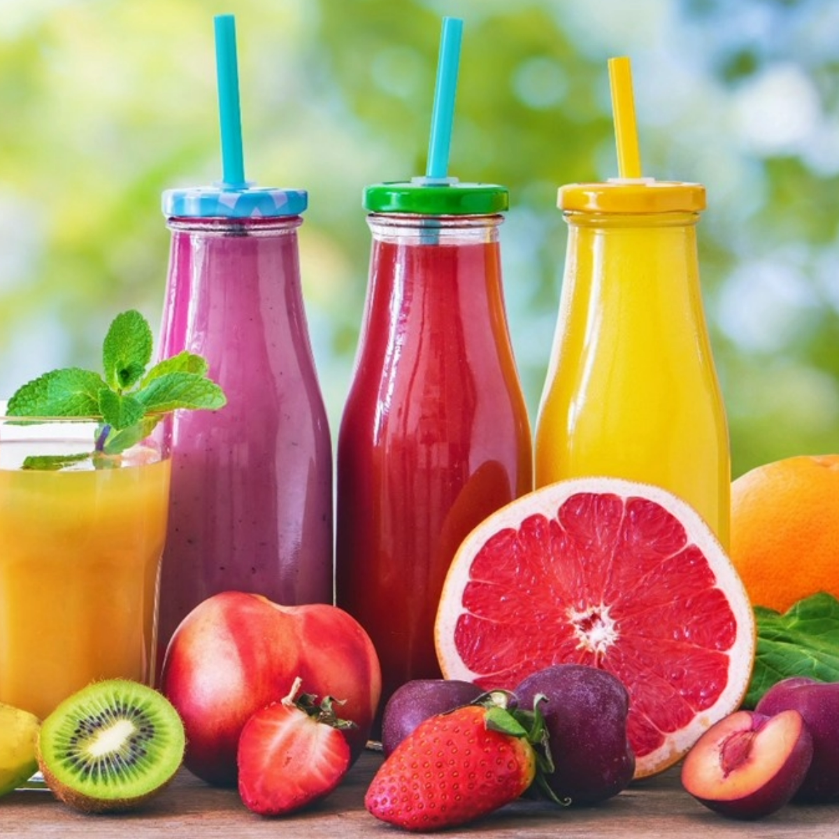 three bottles with different smoothies with fruit pieces in front