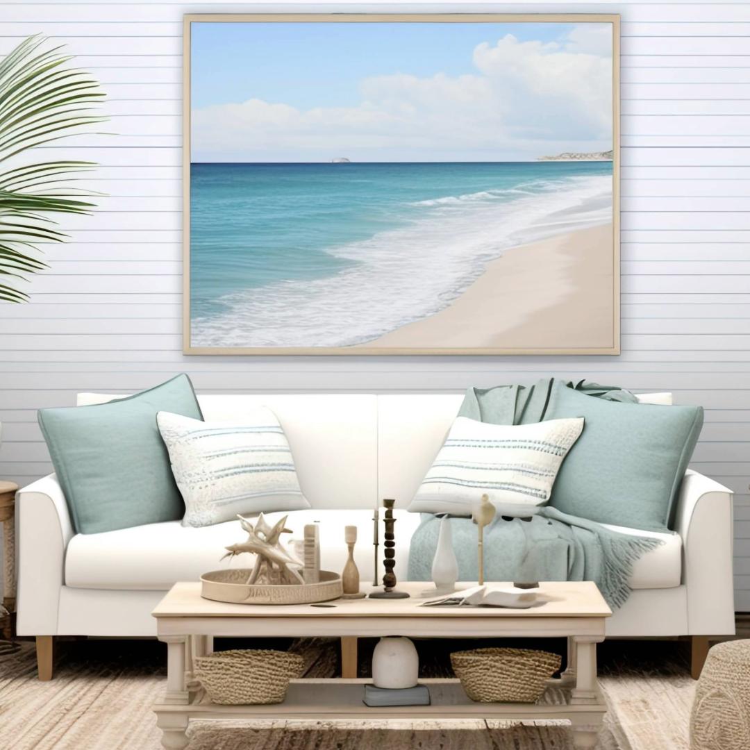 living room with white sofa in the middle