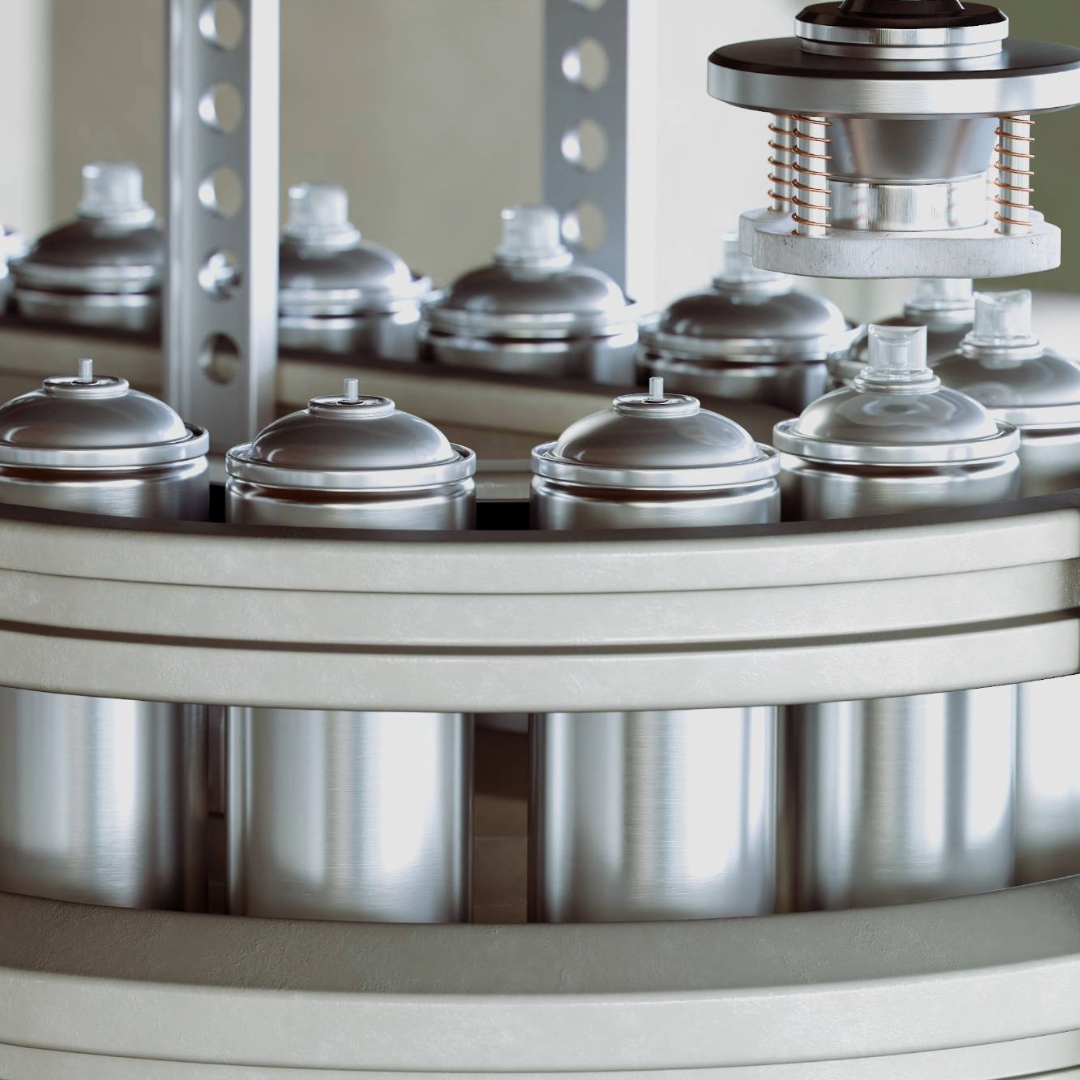 aerosol cans on a production line