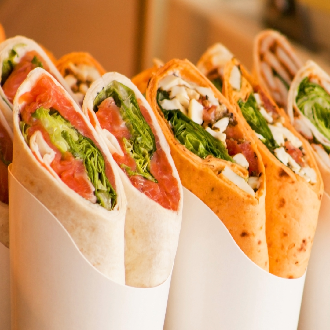 food wraps aligned in a line