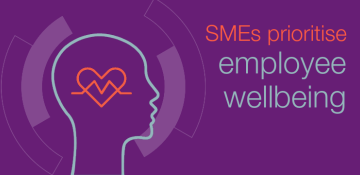 Image shows graphic of an outline of a persons head, heart and heartbeat, with the text 'SMEs prioritise employee wellbeing'. The background is purple and text and graphics are in light blues and orange.